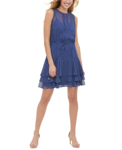 Shop Tommy Hilfiger Bayview Dot-print Chiffon Dress In Twilight Blue/ivory