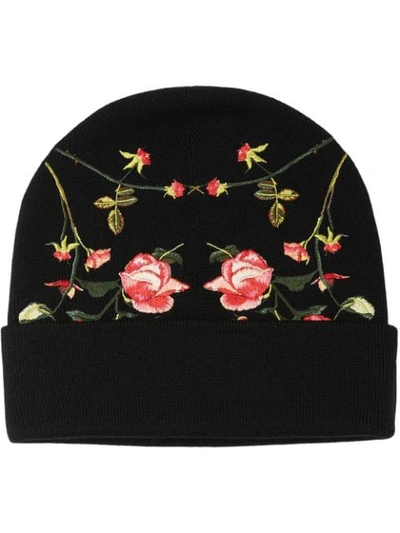 Shop Burberry Embroidered-rose Beanie In Black