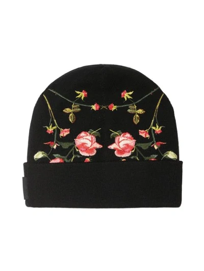 Shop Burberry Embroidered-rose Beanie In Black
