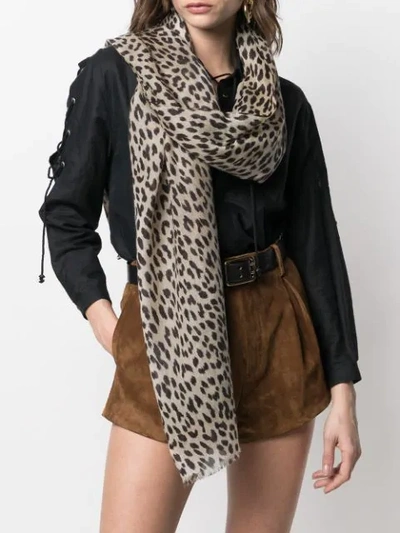 Shop Saint Laurent Leopard-print Fringed Scarf In Neutrals