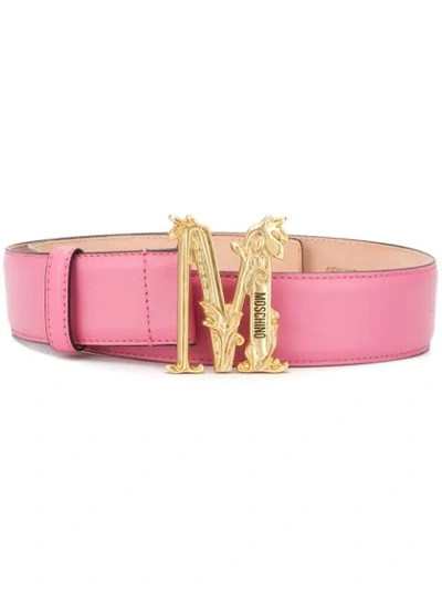 Shop Moschino Logo Plaque Buckle Belt In Pink