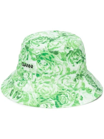 Shop Ganni Floral Print Bucket Hat In Green