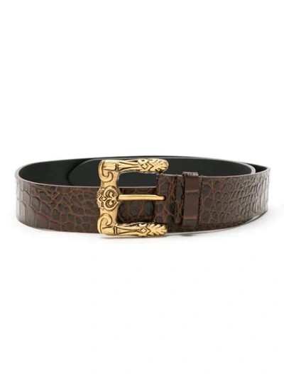 Shop Saint Laurent Croc-effect Leather Belt In Brown