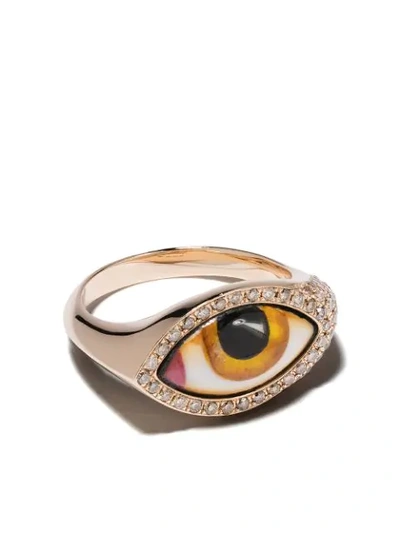 Shop Lito 14kt Rose Gold Petit Jaune Chevalier Enamel Eye And Diamond Ring In Pink