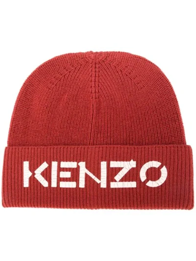 Shop Kenzo Ribbed Knit Wool Logo Beanie In Red