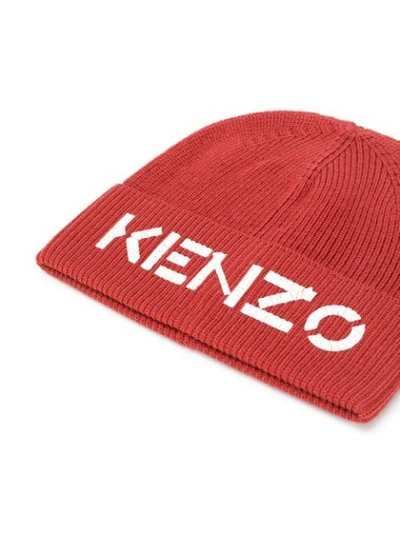 Shop Kenzo Ribbed Knit Wool Logo Beanie In Red