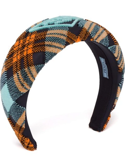 Shop Prada Plaid-pattern Logo Headband In Blue