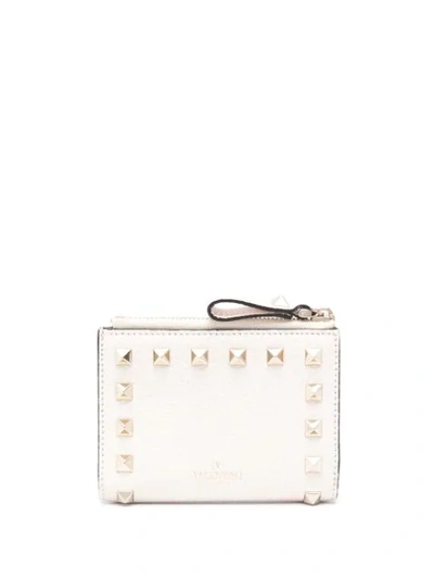 Shop Valentino Small Rockstud Leather Wallet In White