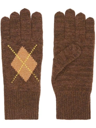 Shop Burberry Argyle-intarsia Knit Gloves In Brown