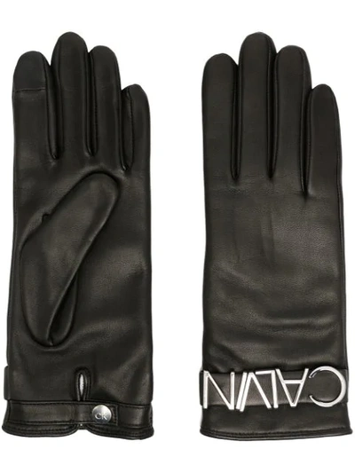 Shop Calvin Klein Textured Logo Plaque Gloves In Black
