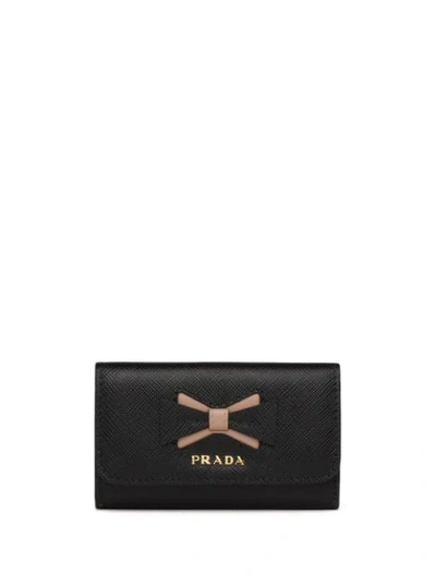 Shop Prada Bow-detail Logo-plaque Keycase In Black