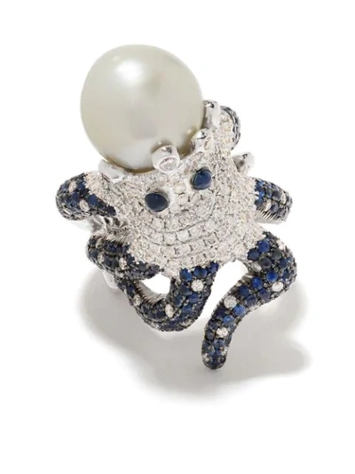 Shop Monan 18kt White Gold Octopus Diamond, Sapphire And Pearl Ring