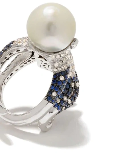 Shop Monan 18kt White Gold Octopus Diamond, Sapphire And Pearl Ring