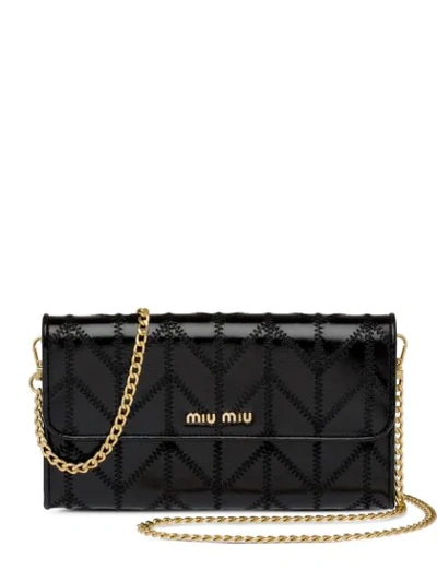 Shop Miu Miu Tonal Stitching Wallet On Chain In Black