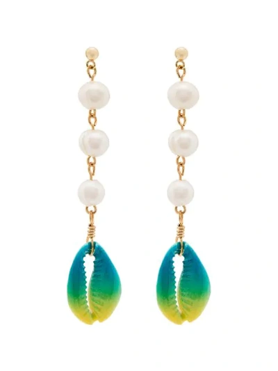 Shop Venessa Arizaga Shell And Pearl Drop Earrings In Blue