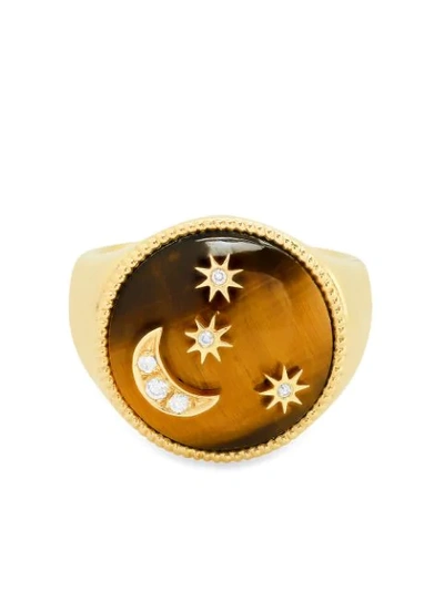 Shop Colette 18kt Yellow Gold Moon And Stars Tiger Eye And Diamond Signet Ring
