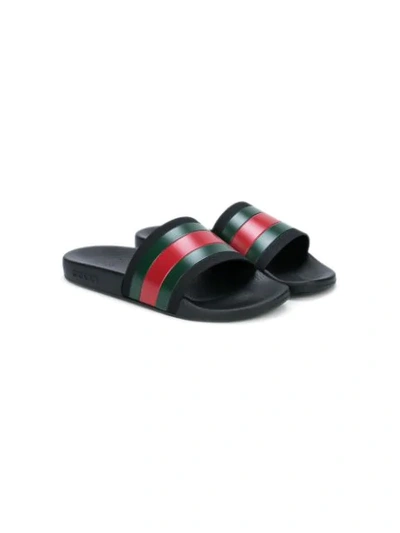 Gucci Black Webbing Stripe Printed Slides In Multicolour