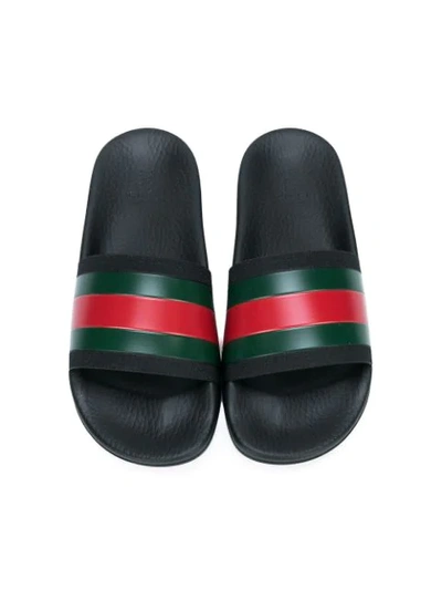 Gucci Black Webbing Stripe Printed Slides In Multicolour