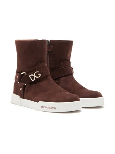 Shop Dolce & Gabbana Logo Plaque Boots In Brown