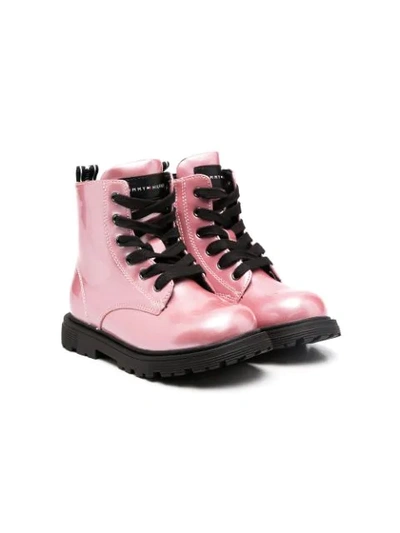 Shop Tommy Hilfiger Junior Metallic-effect Lace-up Boots In Pink