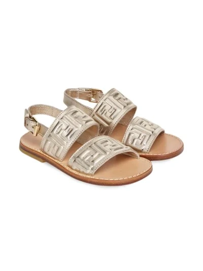 Shop Fendi Ff Logo-embossed Leather Sandals In Metallic