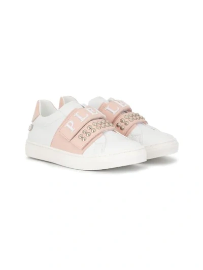 Shop Philipp Plein Junior Embellished Double Strap Sneakers In White