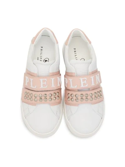 Shop Philipp Plein Junior Embellished Double Strap Sneakers In White