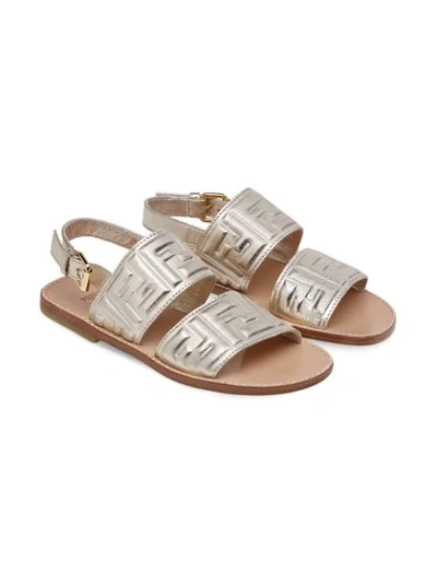 Shop Fendi Ff Logo-embossed Leather Sandals In Metallic