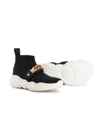 Shop Moschino Teen Logo Strap Sock Sneakers In Black