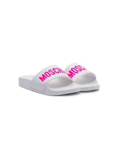 Shop Moschino Logo Printed Slides In White