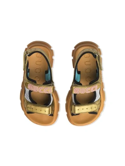 Shop Gucci Logo Appliqué Mesh Sandals In Gold