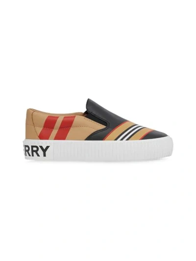 Shop Burberry Icon Stripe Print Slip-on Sneakers In Black/honey
