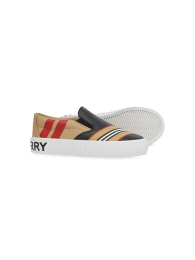 Shop Burberry Icon Stripe Print Slip-on Sneakers In Black/honey