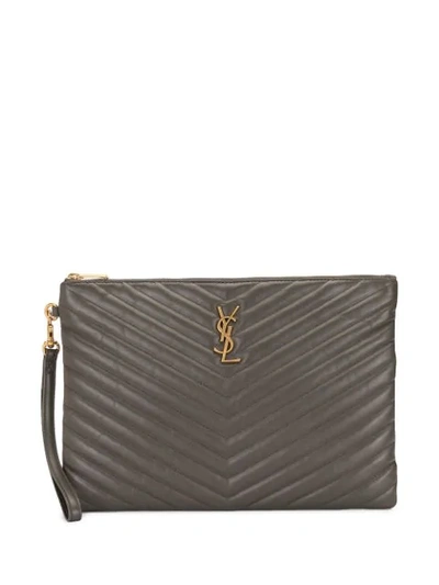 Shop Saint Laurent Ysl Quilted Ipad Case In Grey