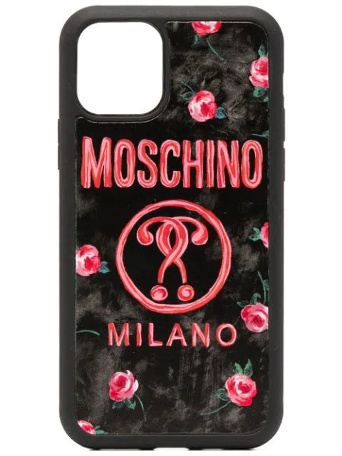 Moschino Floral Logo Print Iphone 11 Pro Case In Black Modesens