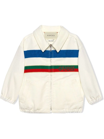 Shop Gucci Jacquard-knit Logo Denim Jacket In 白色