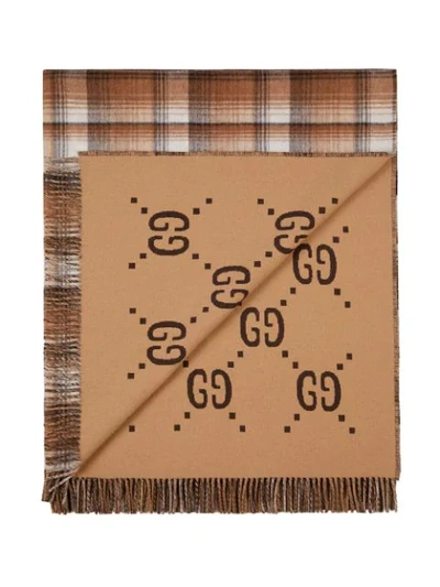 Shop Gucci Gg And Check Throw Blanket In Brown