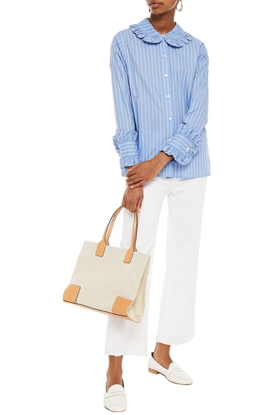 Shop Maje Calia Ruffled Striped Cotton-poplin Shirt In Light Blue