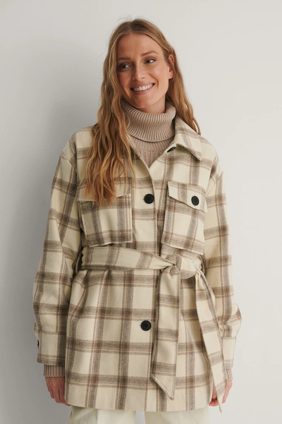 Belted Checked Jacket Checkered In Beige