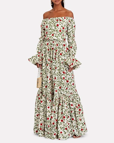 Shop Agua By Agua Bendita Almendra Off-the-shoulder Maxi Dress In Cream