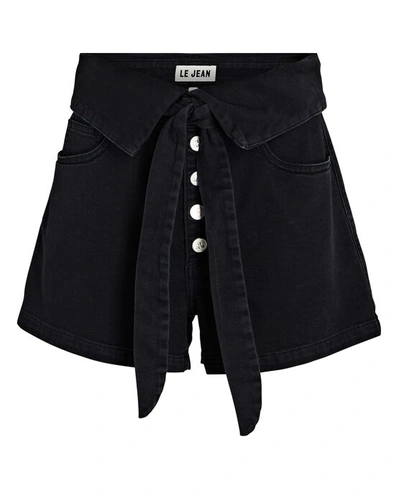 Shop Le Jean Lola Foldover Tie-waist Denim Shorts In Black Fade