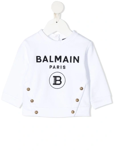 Shop Balmain Sequinned-logo Cotton Sweatshirt In White