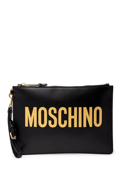 Shop Moschino Logo Leather Wallet In Black With Gold Logo