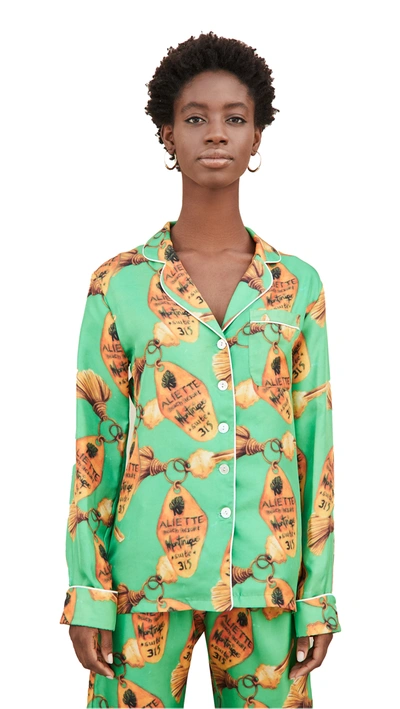 Shop Aliétte Green Key Long Sleeve Silk Shirt