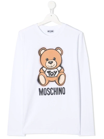 Moschino Teen Teddy Bear-print Long-sleeved T-shirt In Weiss