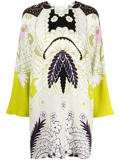Shop Valentino Abstract-print Long-sleeve Dress In Green