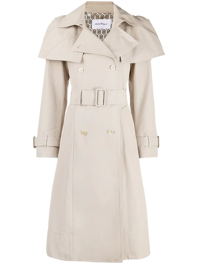 Ferragamo Belted Trench Coat In Neutrals
