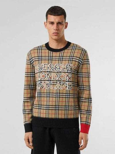 Shop Burberry Logo Check Wool Cotton Jacquard Sweater In Archive Beige