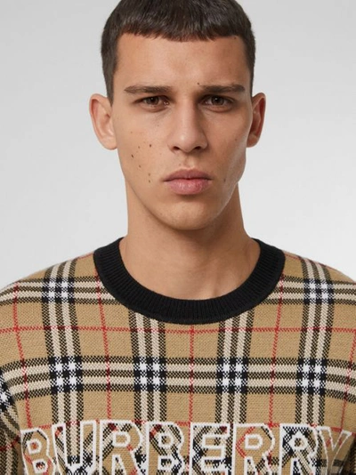 Shop Burberry Logo Check Wool Cotton Jacquard Sweater In Archive Beige