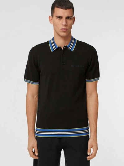 Shop Burberry Icon Stripe Detail Wool Polo Shirt In Black